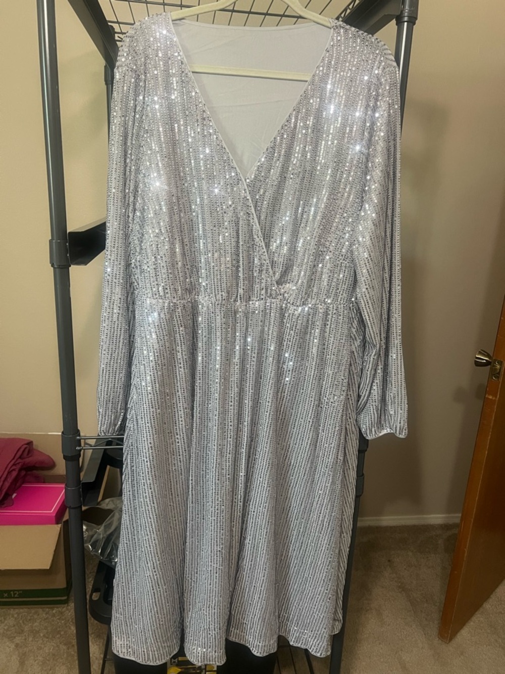 BloomChic Silver Sequin V-Neck Midi Dress with Long Sleeves - Picture 7 of 8